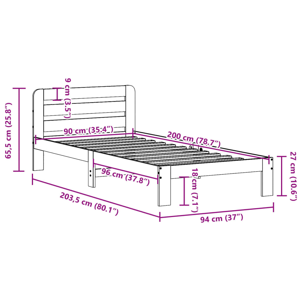 Cama sem colchão 90x200 cm madeira de pinho maciça branco