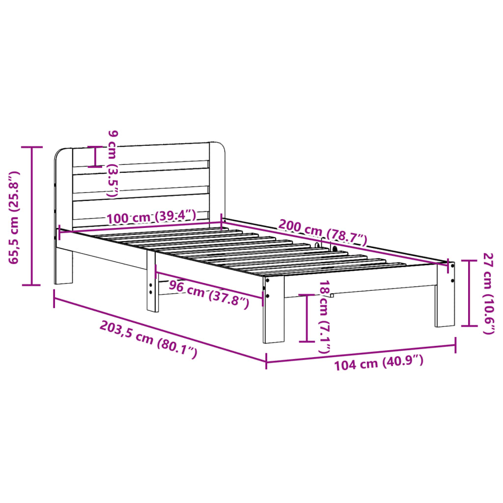 Cama sem colchão 100x200 cm madeira de pinho maciça branco