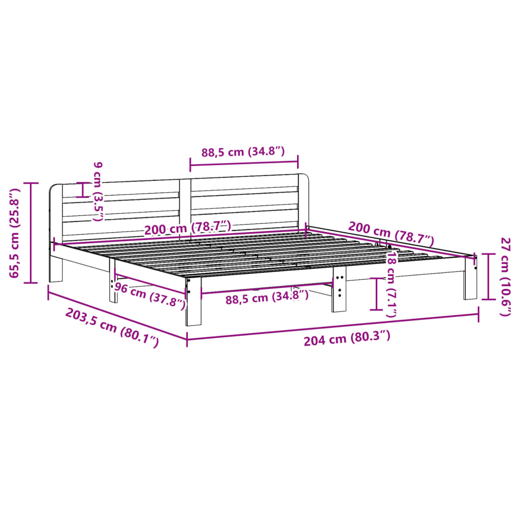 Cama sem colchão 200x200 cm madeira de pinho maciça branco