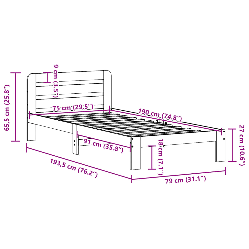 Cama sem colchão 75x190 cm madeira de pinho maciça branco