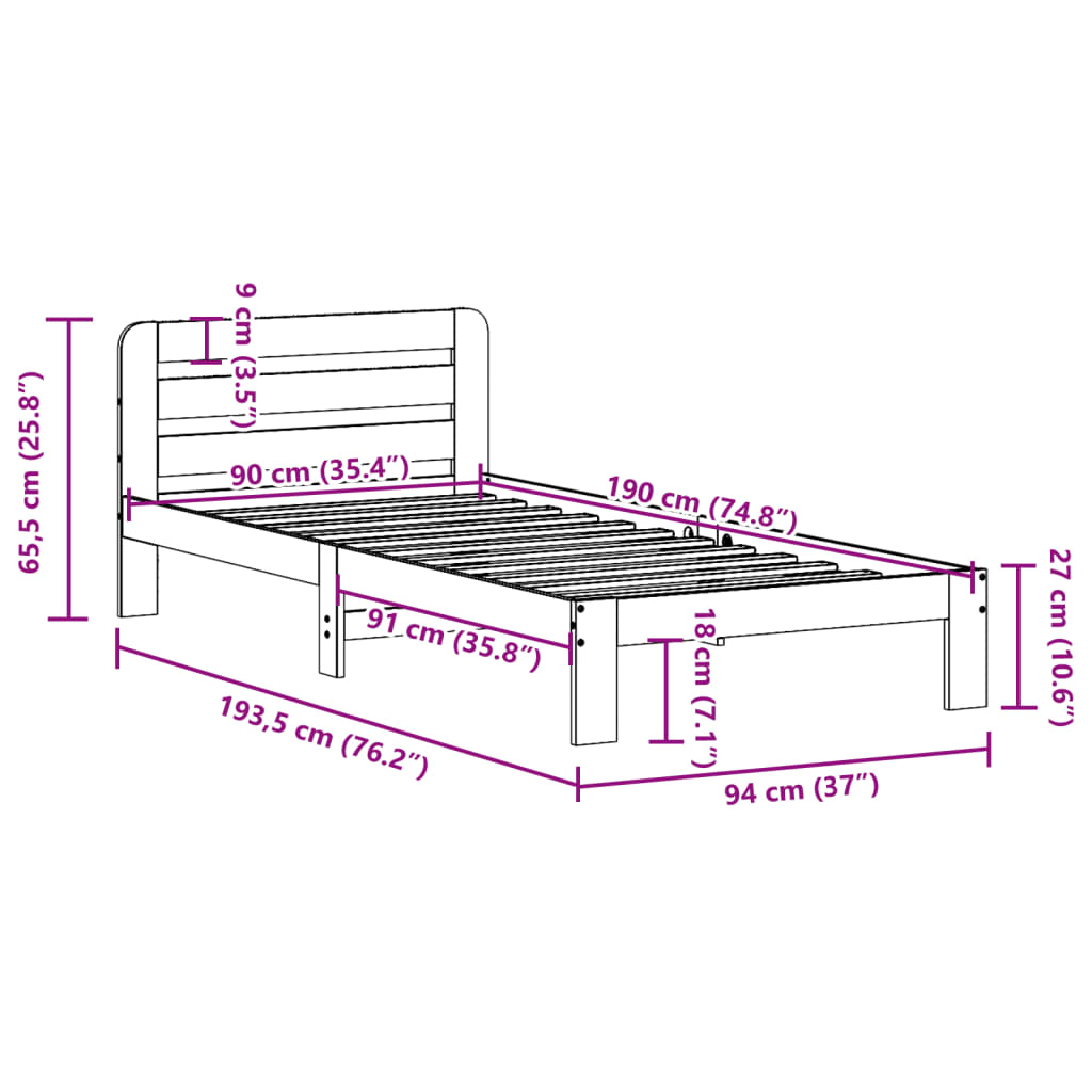 Cama sem colchão 90x190 cm madeira de pinho maciça branco