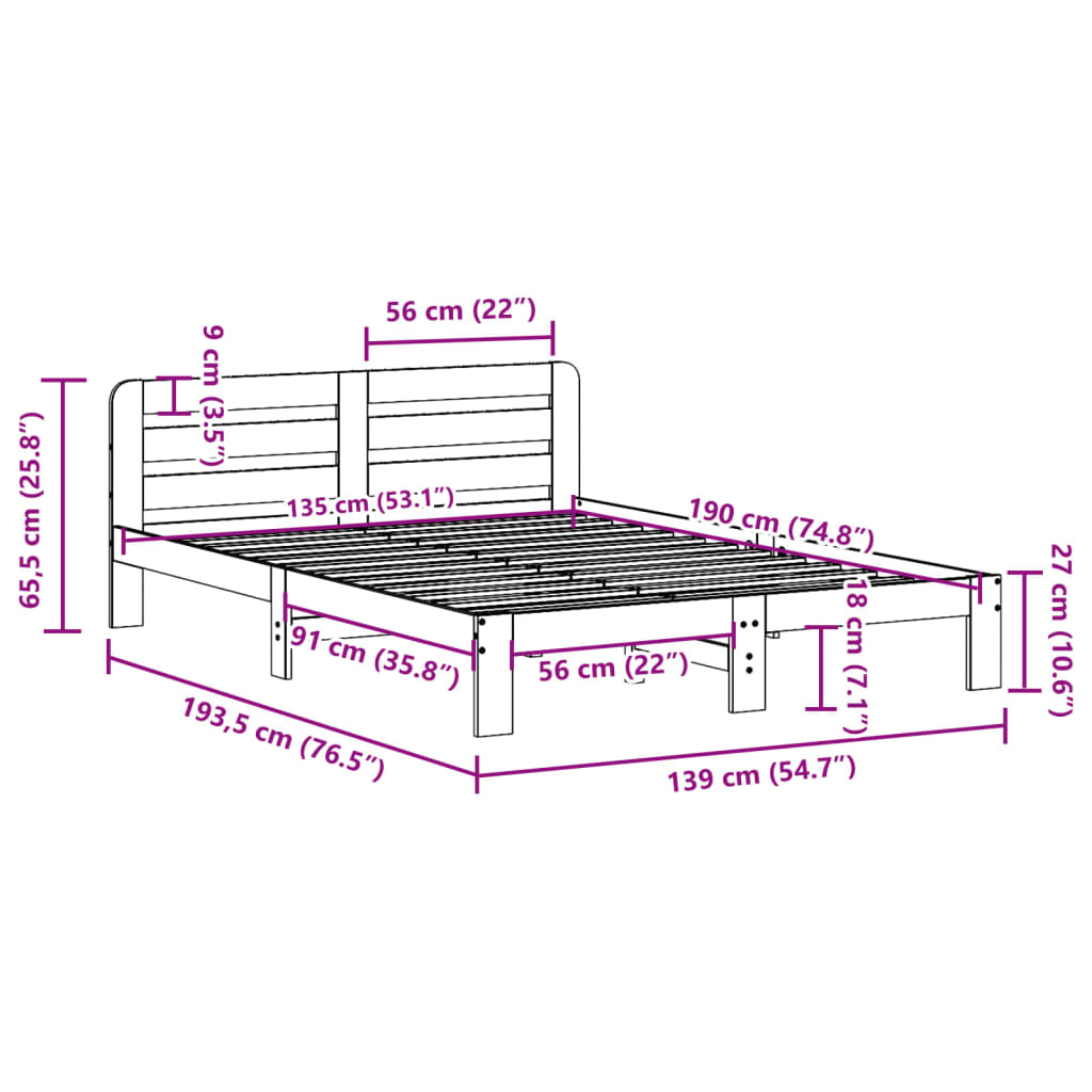 Cama sem colchão 135x190 cm madeira de pinho maciça branco