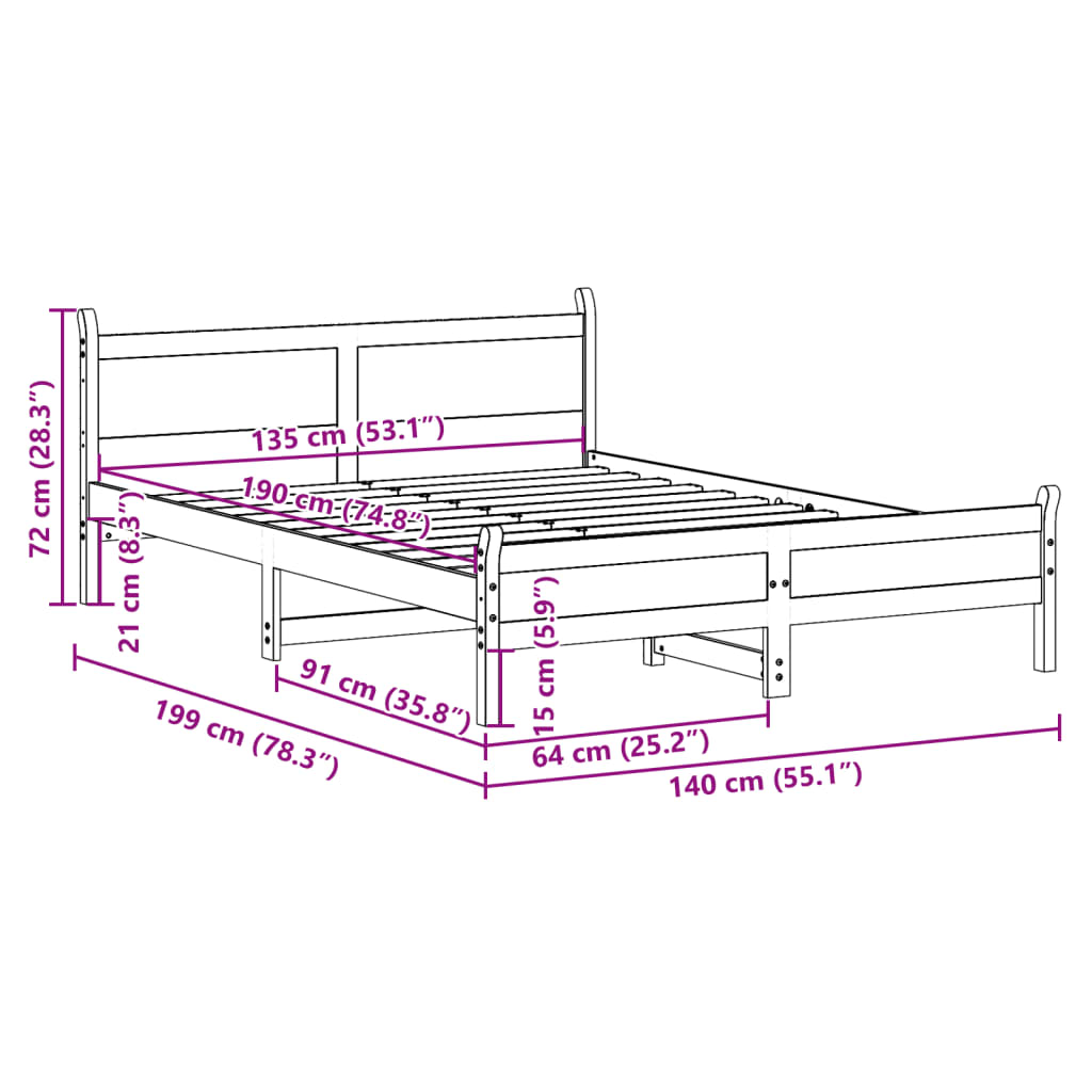 Cama sem colchão 135x190 cm madeira de pinho maciça branco