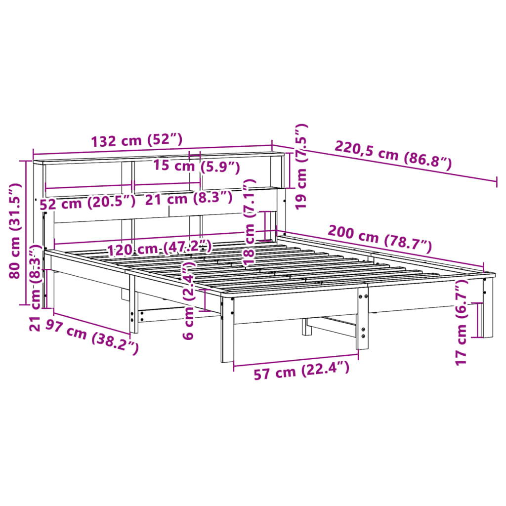 Cama com estante sem colchão 120x200 cm pinho maciço