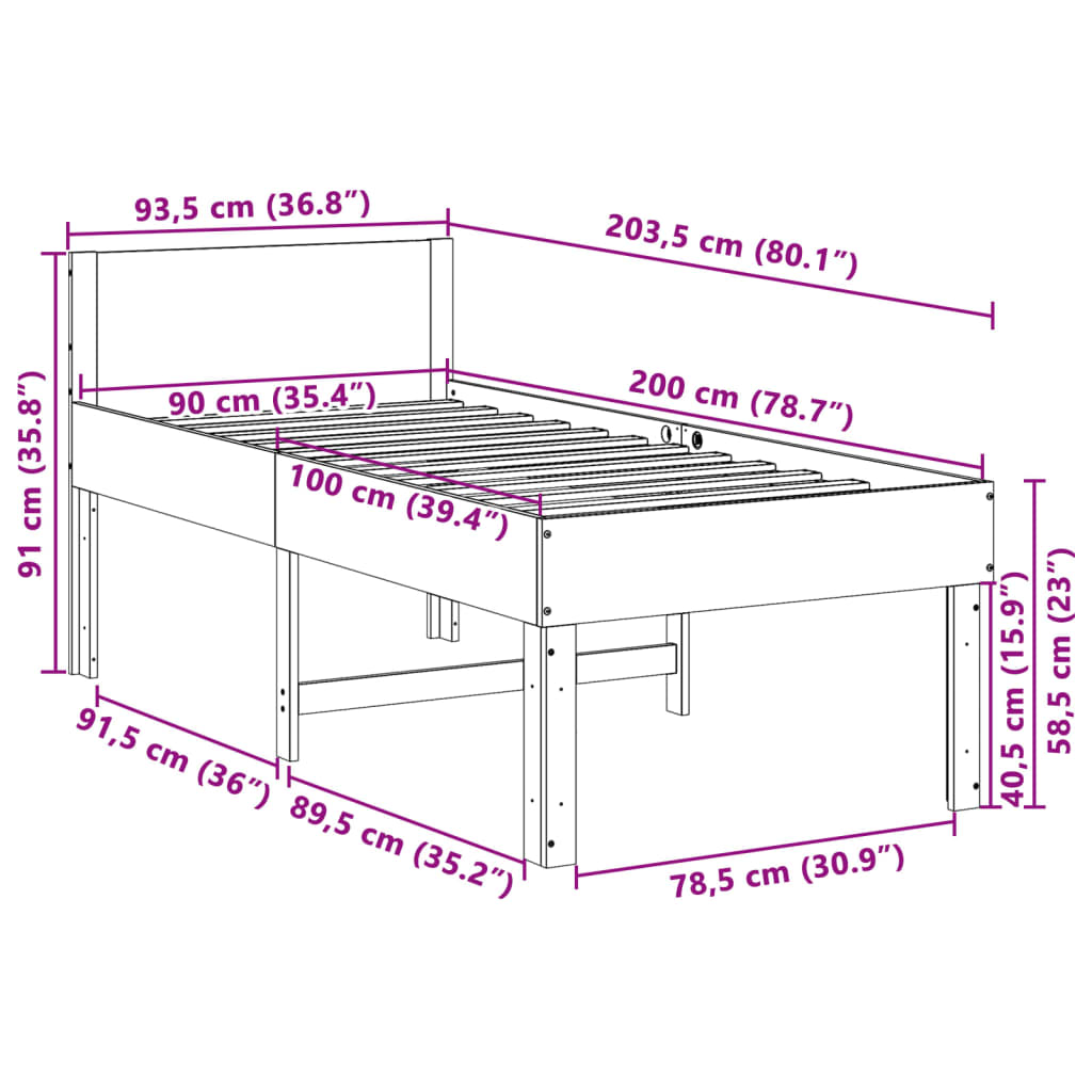 Cama sem colchão 90x200 cm madeira de pinho maciça branco