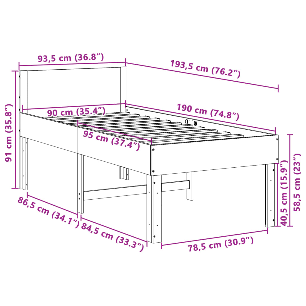 Cama sem colchão 90x190 cm madeira de pinho maciça