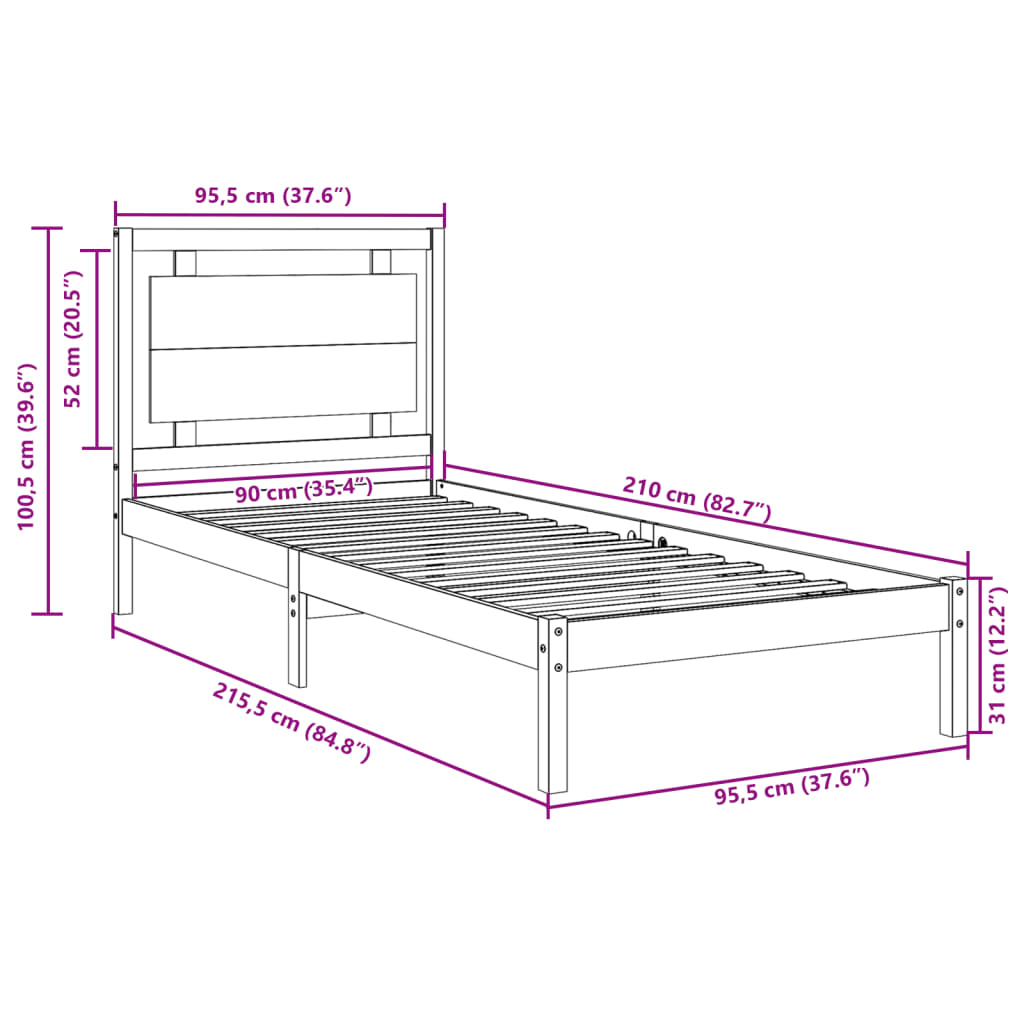 Cama extra longa sem colchão 90x210 cm madeira maciça