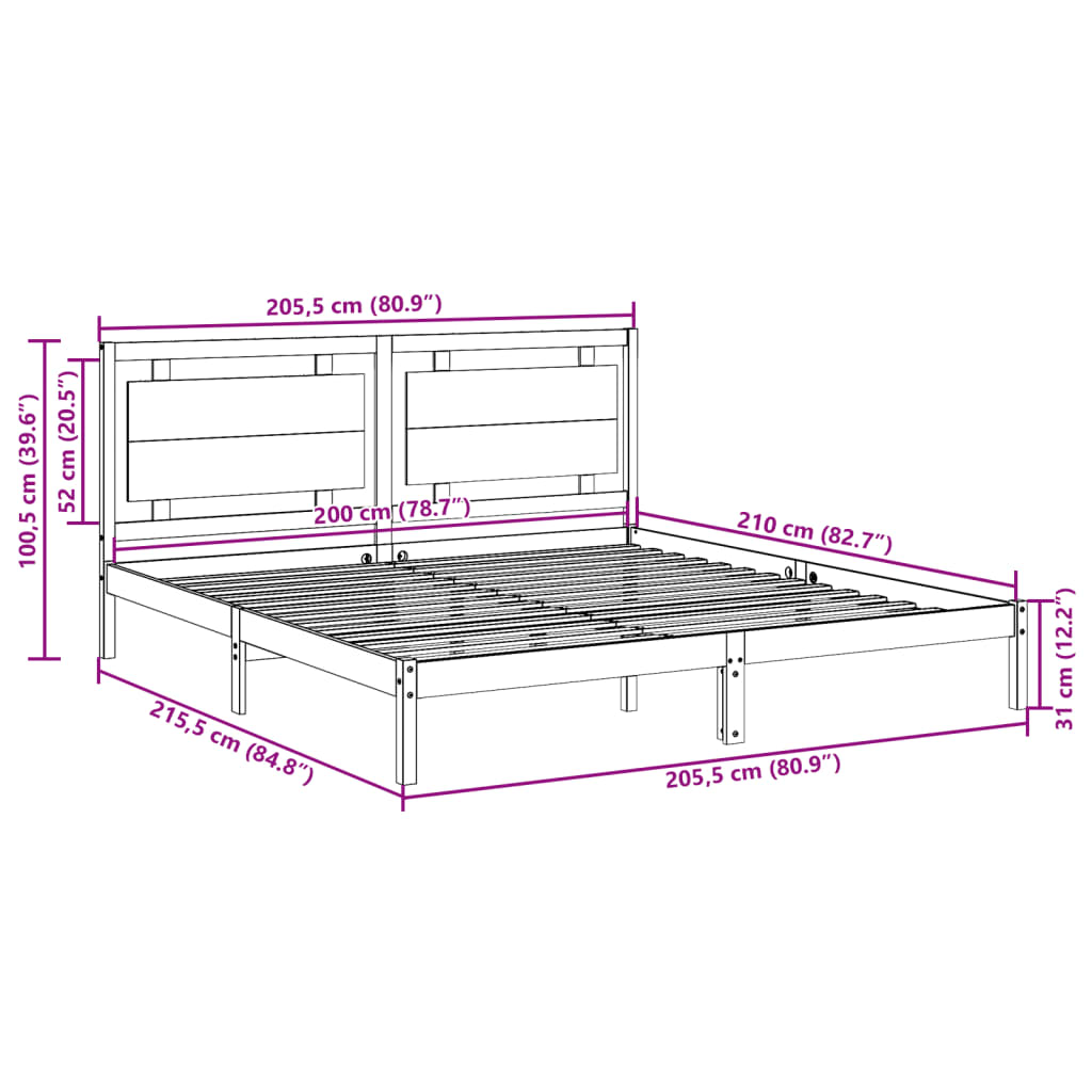 Cama extra longa sem colchão 200x210 cm madeira maciça