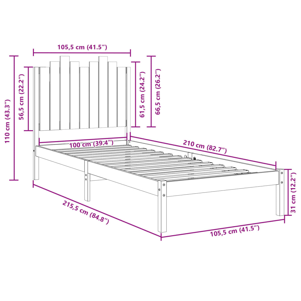 Cama extra longa sem colchão 100x210 cm madeira maciça