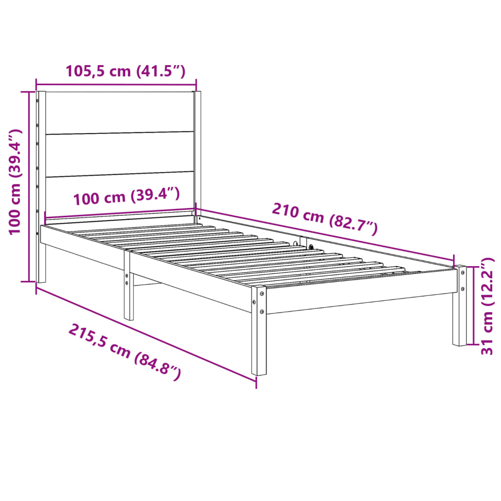 Cama extra longa sem colchão 100x210 cm madeira maciça