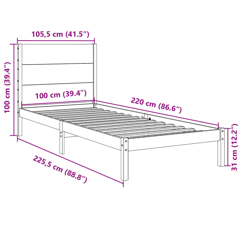 Cama extra longa sem colchão 100x220 cm madeira maciça