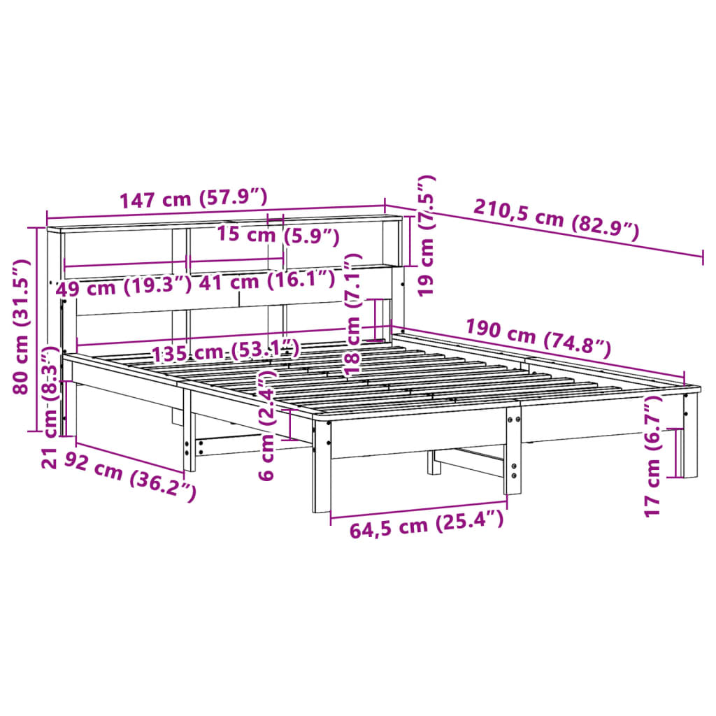 Cama sem colchão 135x190 cm madeira pinho maciça castanho-mel