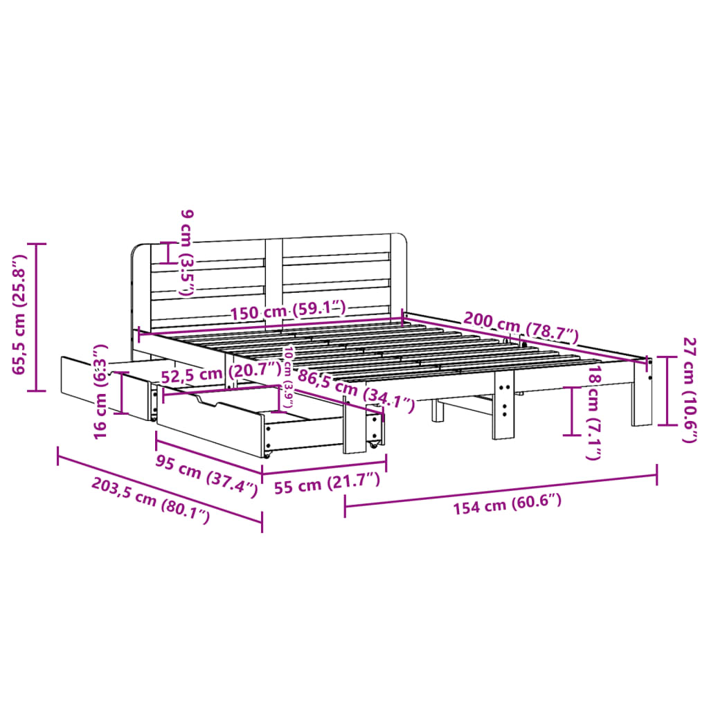 Cama sem colchão 150x200 cm madeira de pinho maciça branco