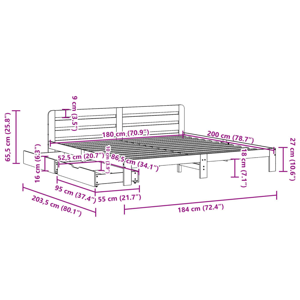 Cama sem colchão 180x200 cm pinho maciço castanho-mel