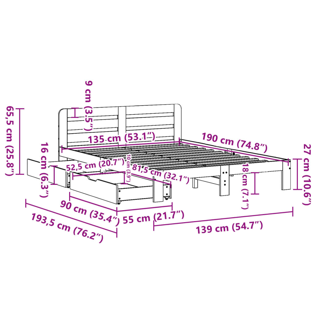 Cama sem colchão 135x190 cm madeira de pinho maciça