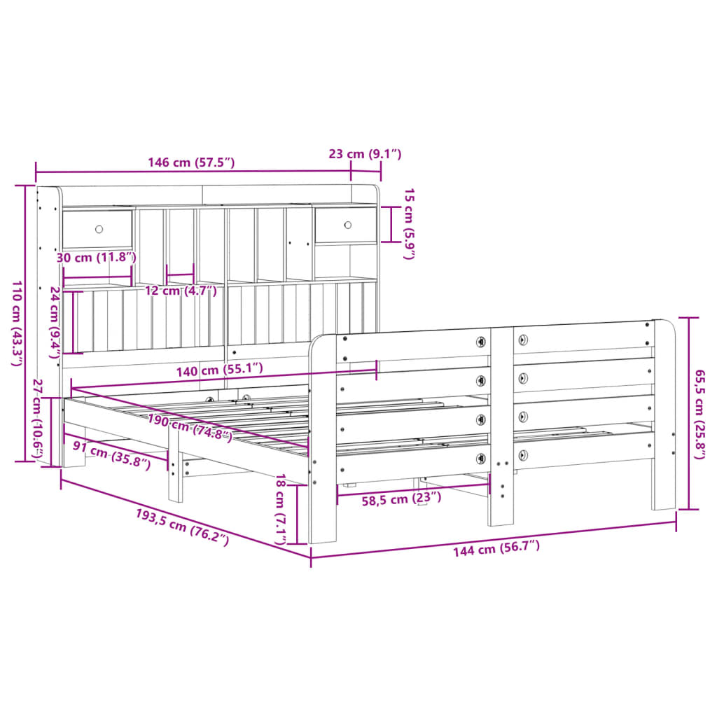 Cama com estante sem colchão 140x190 cm pinho maciço branco