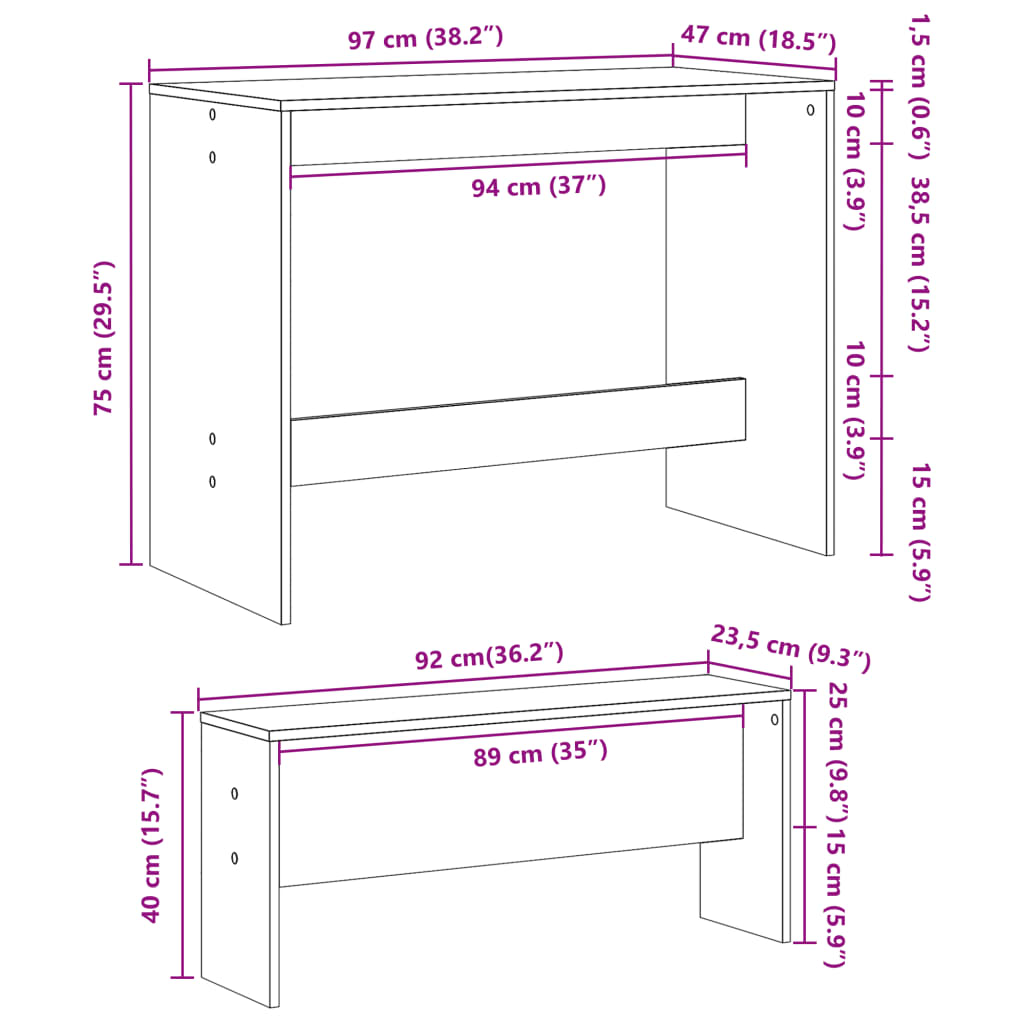 3 pcs conj. mesa de jantar e banco derivados de madeira branco