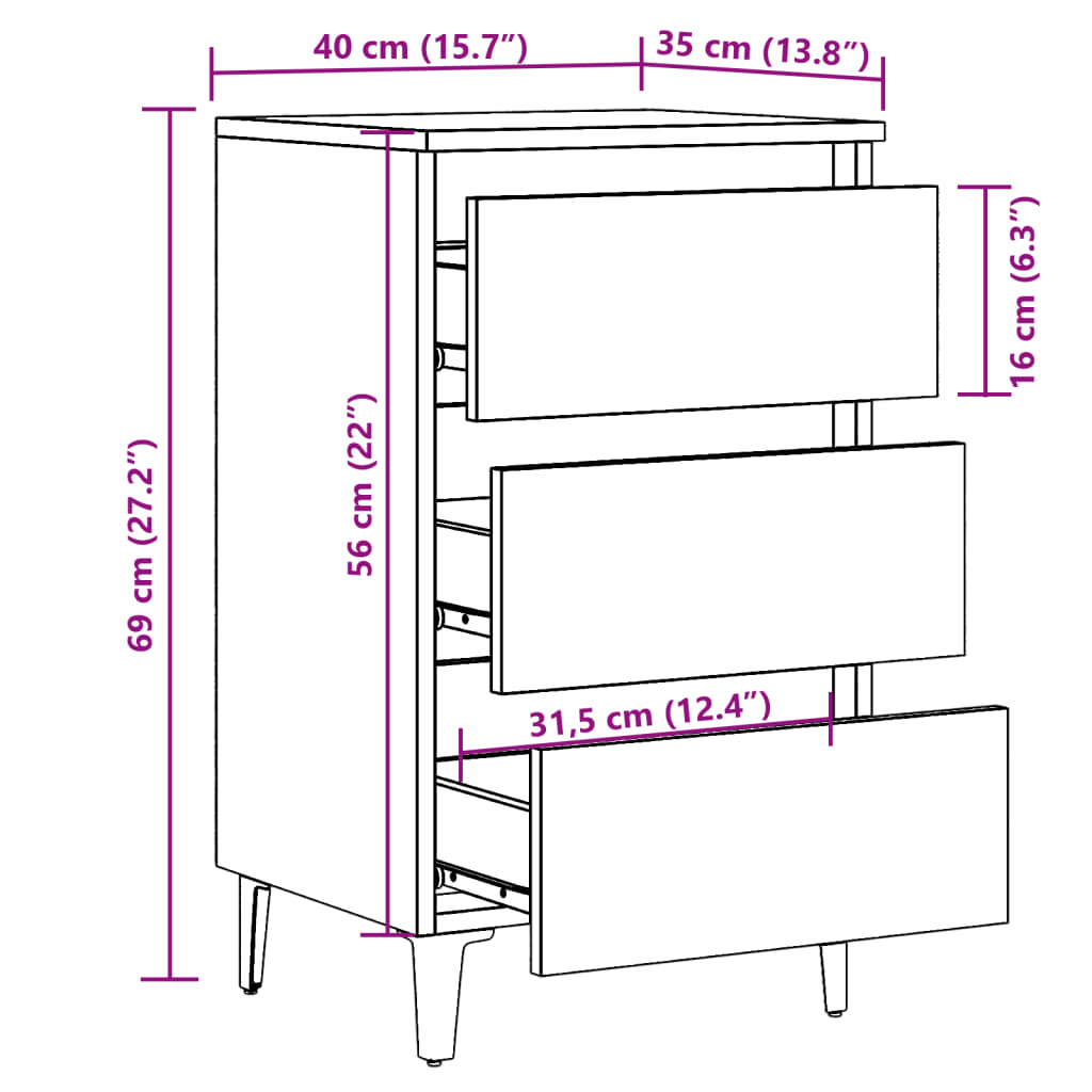 Mesa de cabeceira c/ pernas metal 40x35x69cm carvalho artisiano