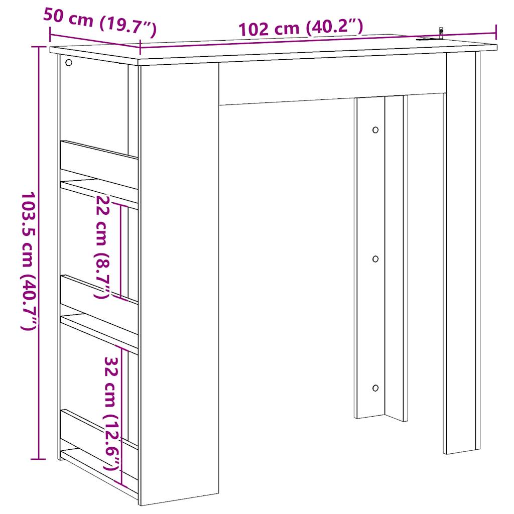 Mesa de bar c/ prateleiras 102x50x103,5 cm madeira velha