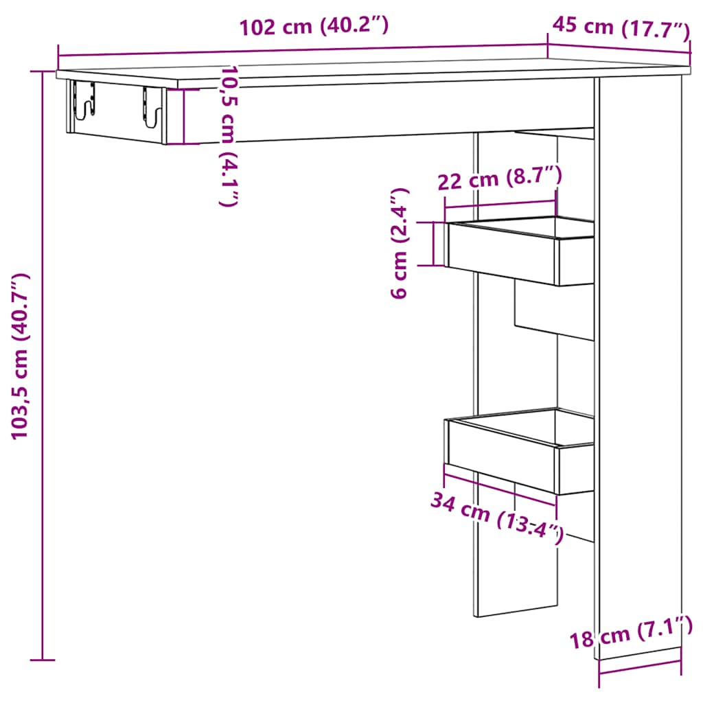 Mesa de bar de parede madeira antiga 102x45x103,5 cm