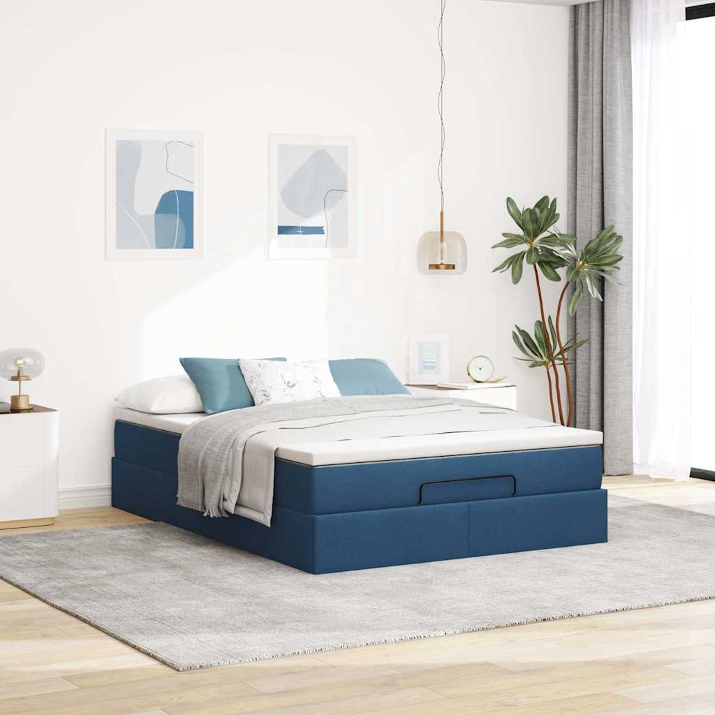 Estrutura de cama otomana com colchão 140x190cm tecido azul