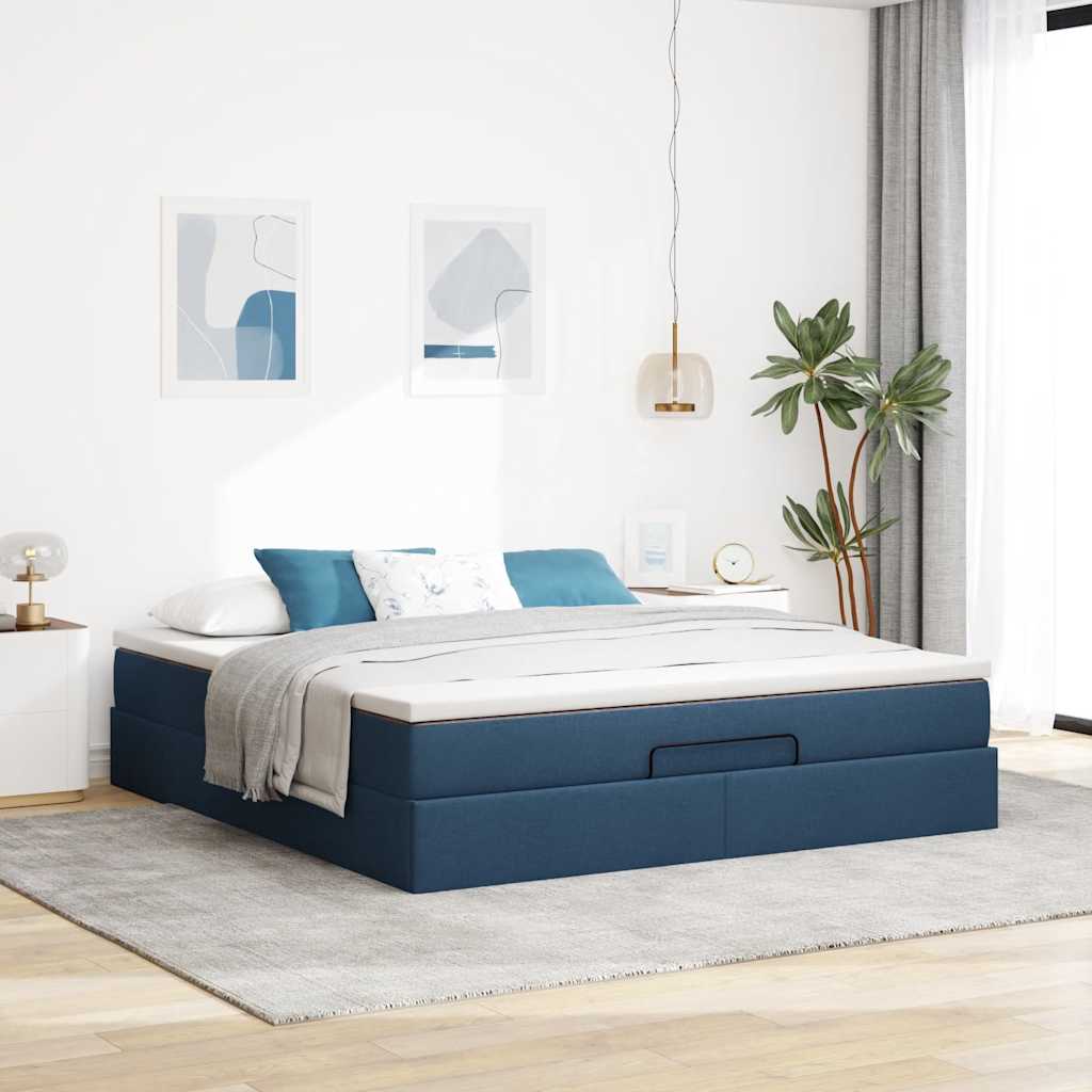 Estrutura de cama otomana com colchão 160x200 cm tecido azul