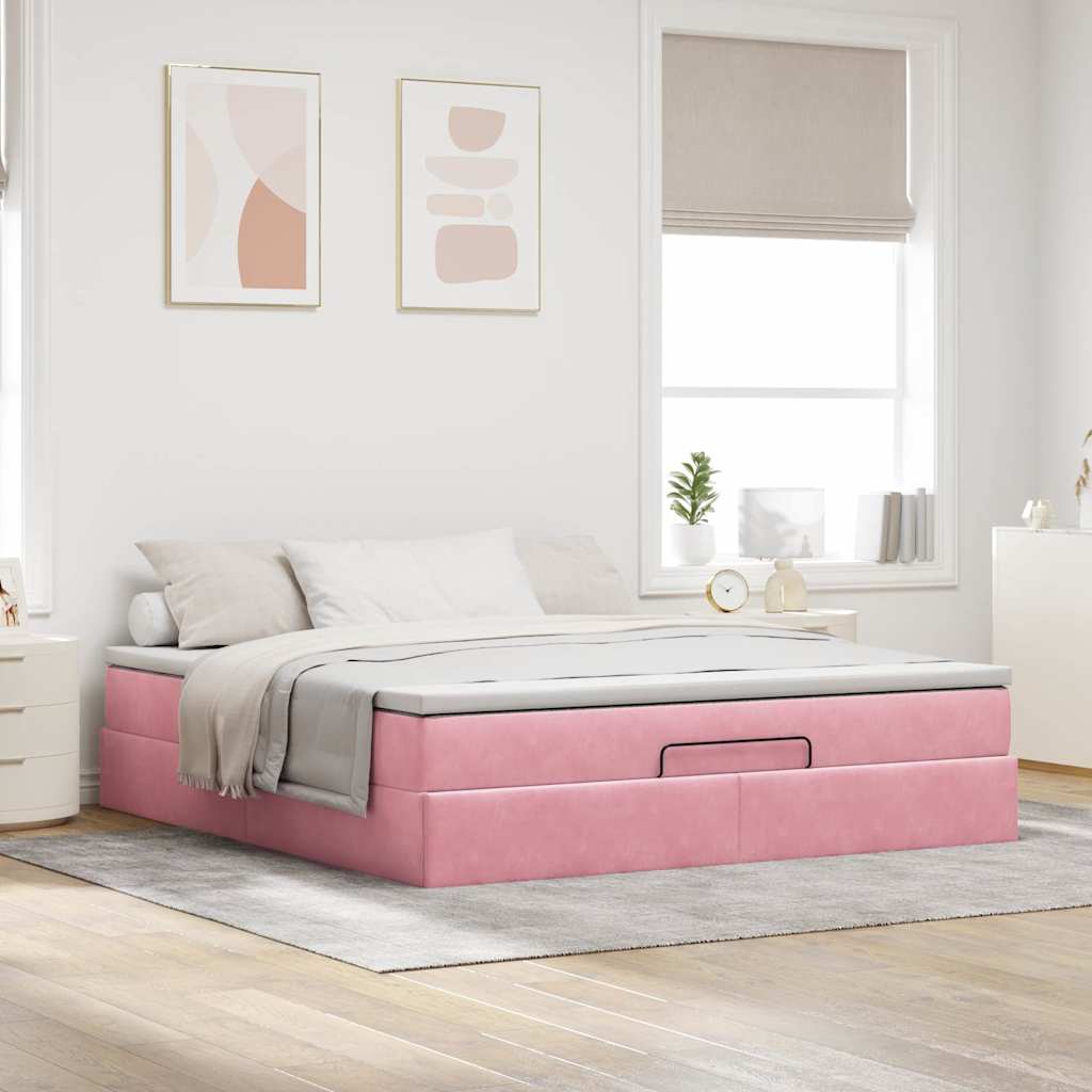 Estrutura de cama otomana com colchão 160x200 cm veludo rosa