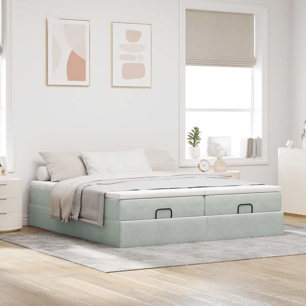 Estrutura cama otomana colchões 160x200cm veludo cinzento claro