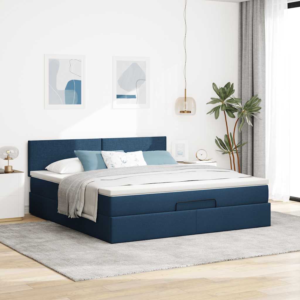 Estrutura de cama otomana com colchão 160x200 cm tecido azul