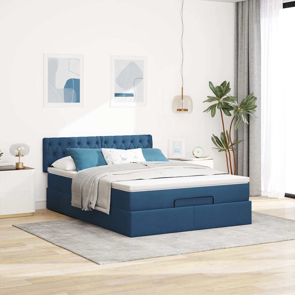 Estrutura de cama otomana com colchão 140x190cm tecido azul