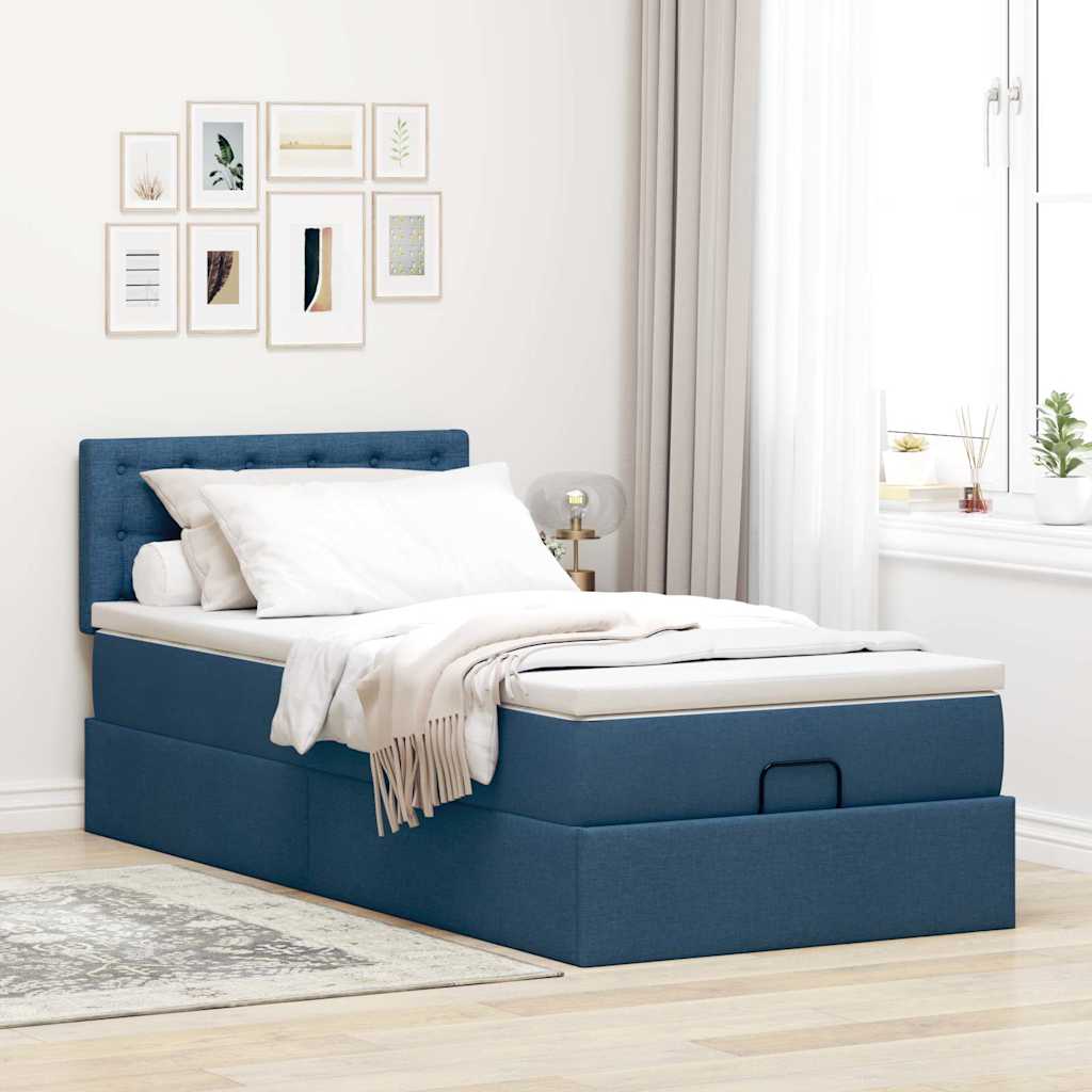 Estrutura de cama otomana com colchão tecido azul 80x200cm