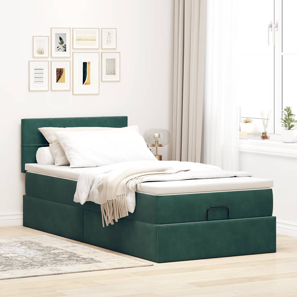 Estrutura de cama otomana com colchão verde escuro veludo