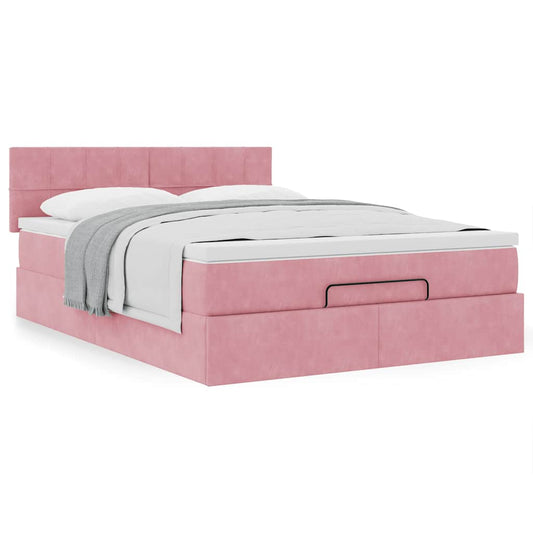 Estrutura de cama otomana com colchão 140x190 cm veludo rosa