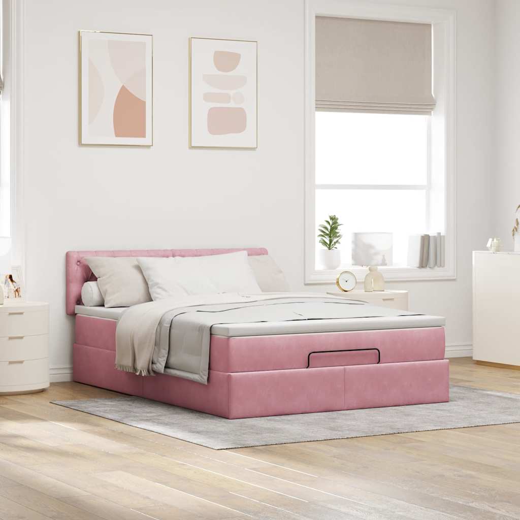 Estrutura de cama otomana com colchão 140x190 cm veludo rosa