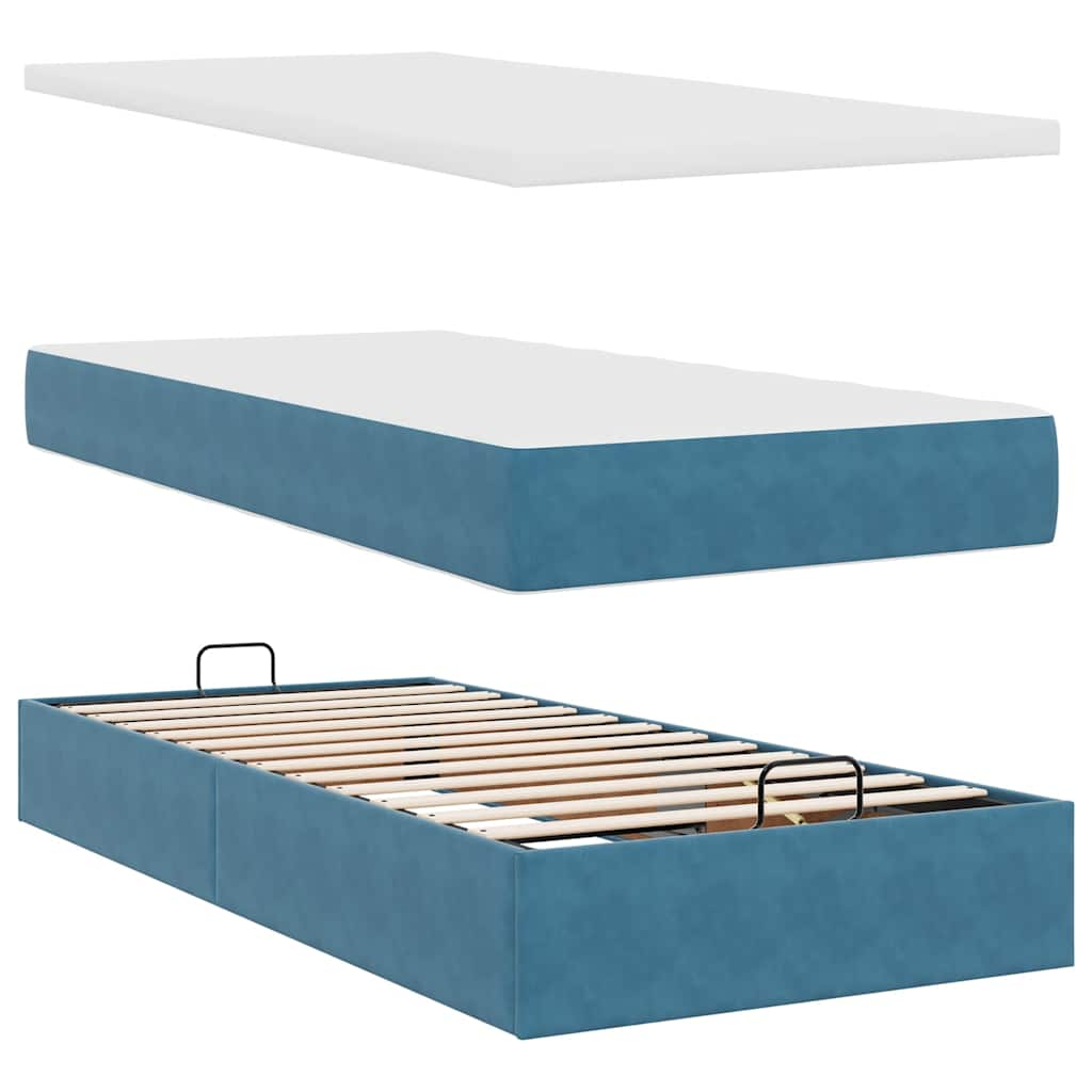 Estrutura cama otomana com colchão azul escuro 90x190cm veludo