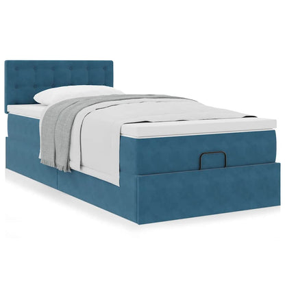 Estrutura cama otomana com colchão azul escuro 90x190cm veludo