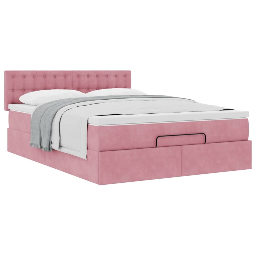 Estrutura de cama otomana com colchão 140x190 cm veludo rosa