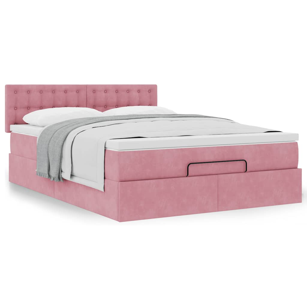 Estrutura de cama otomana com colchão 140x190 cm veludo rosa