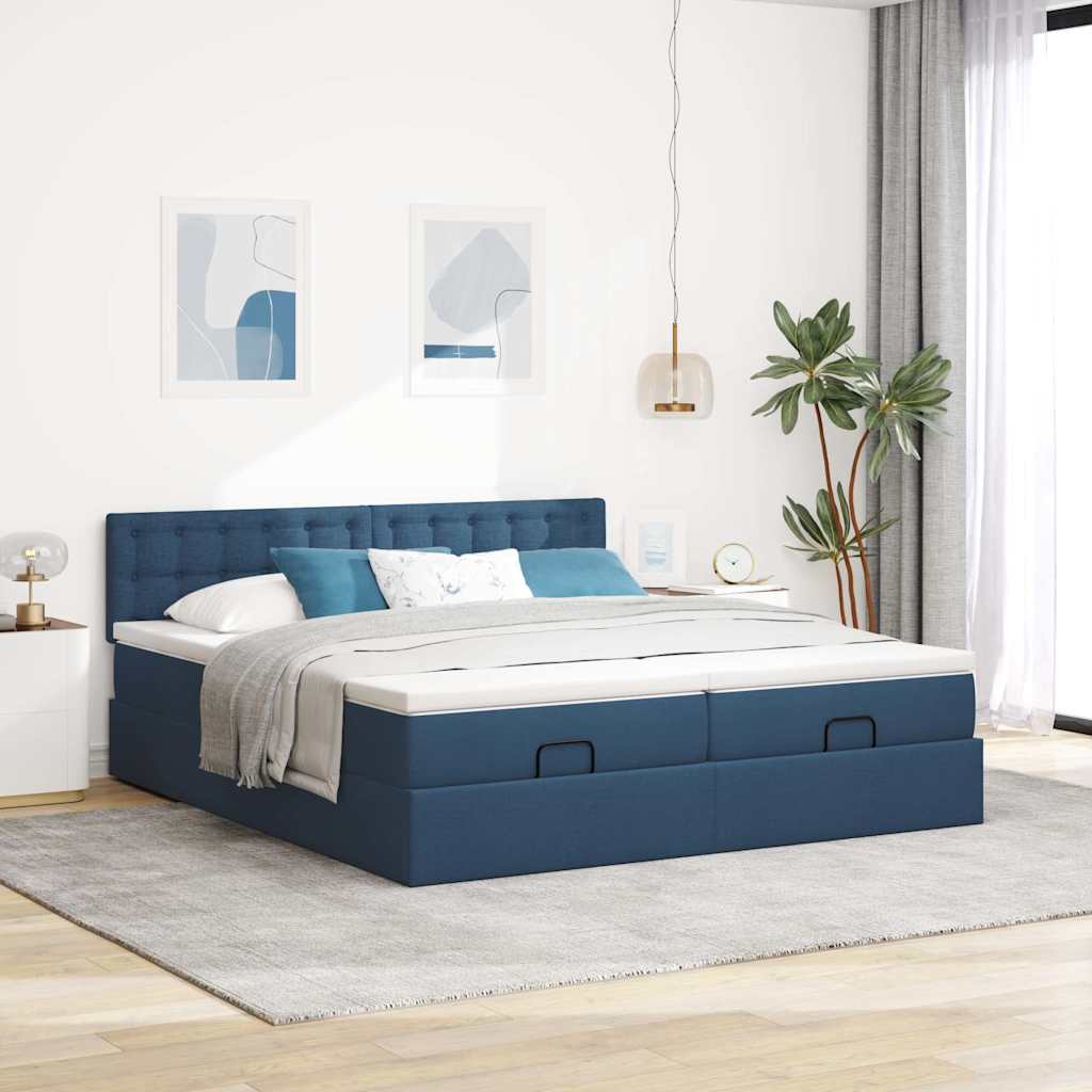 Estrutura de cama otomana com colchões 160x200cm tecido azul