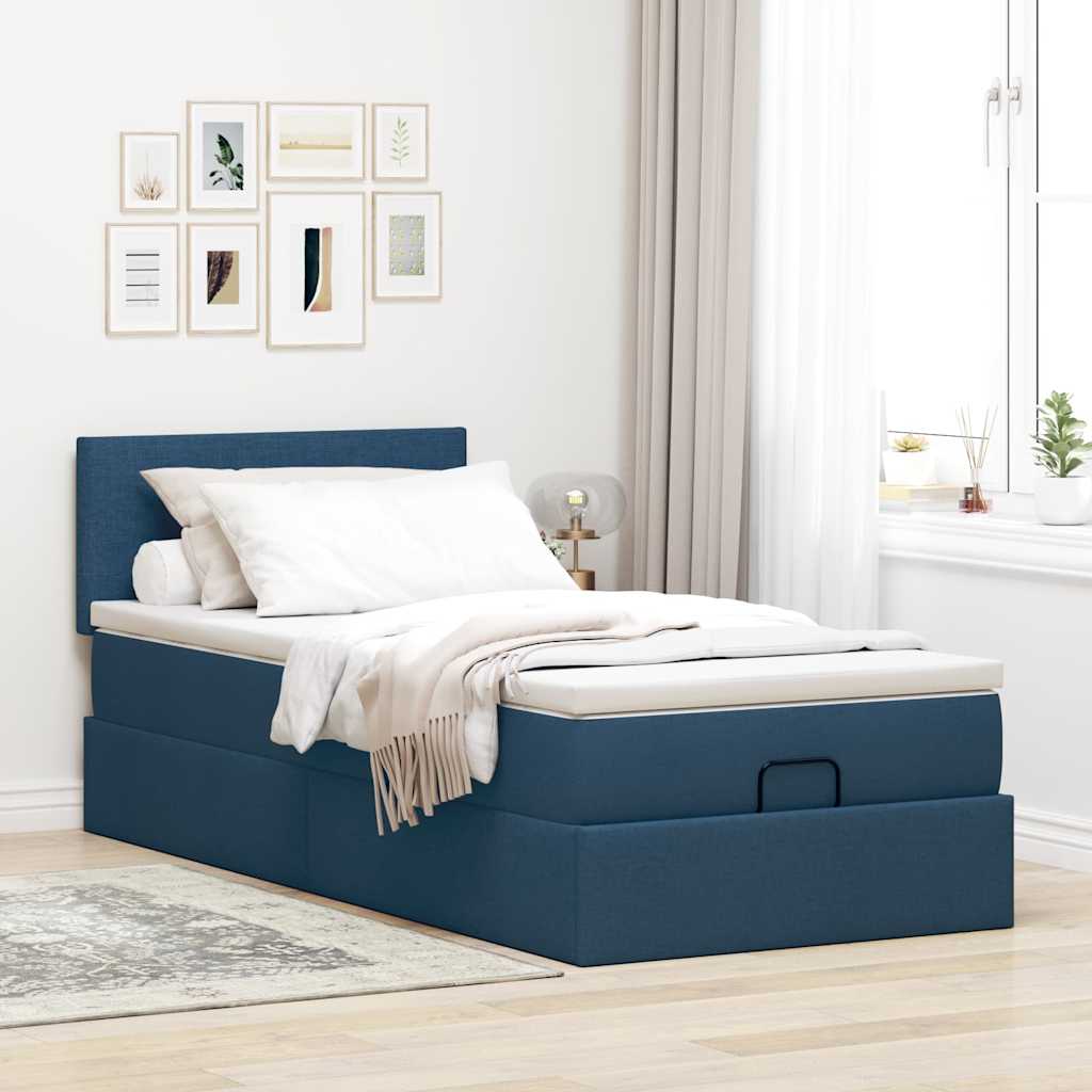 Estrutura de cama otomana com colchão tecido azul 80x200cm