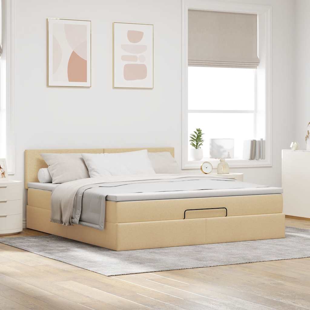 Estrutura de cama otomana com colchão tecido creme 160x200cm