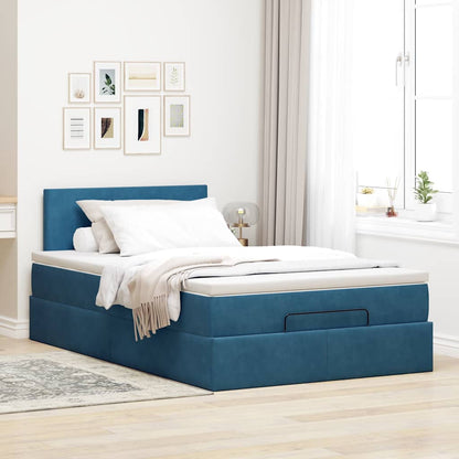 Estrutura cama otomana colchão 120x200cm veludo azul escuro