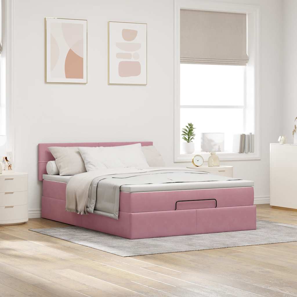 Estrutura de cama otomana com colchão 140x190 cm veludo rosa