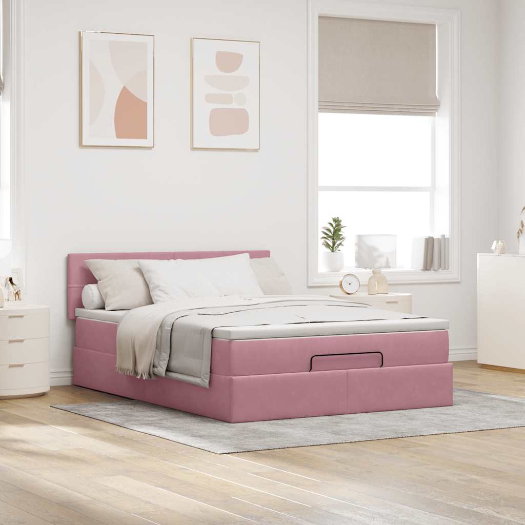 Estrutura de cama otomana com colchão 140x200 cm veludo rosa