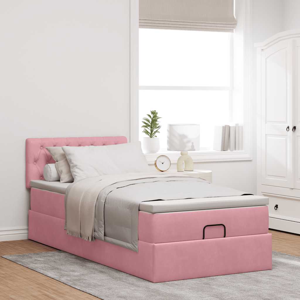 Estrutura de cama otomana com colchão rosa 90x200cm veludo