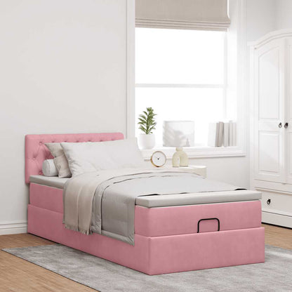 Estrutura de cama otomana com colchão rosa 90x200cm veludo