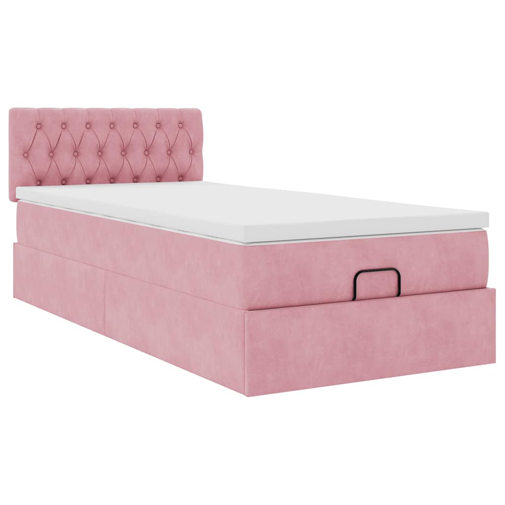 Estrutura de cama otomana com colchão rosa 90x200cm veludo