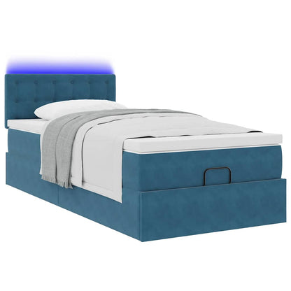 Estrutura cama otomana com colchão azul escuro 90x190cm veludo