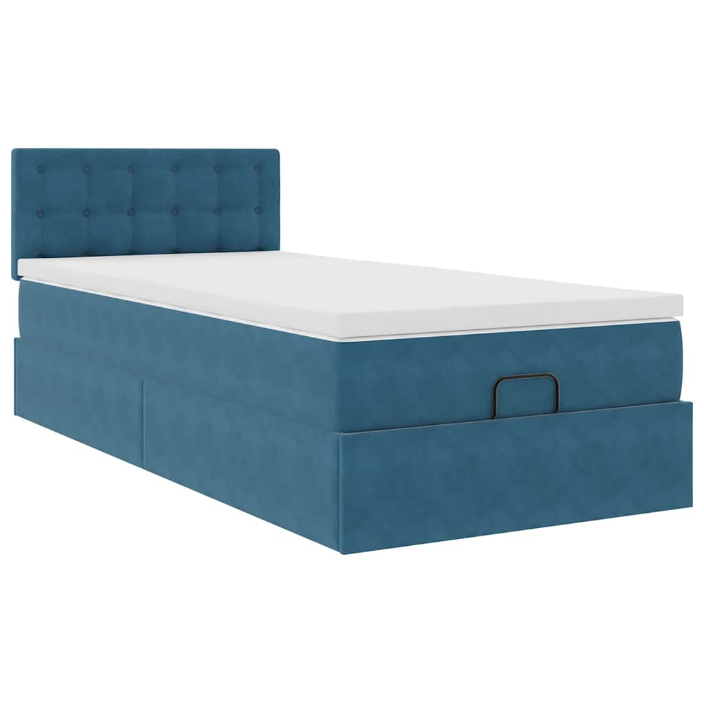 Estrutura cama otomana com colchão azul escuro 90x190cm veludo