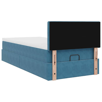 Estrutura cama otomana com colchão azul escuro 90x190cm veludo